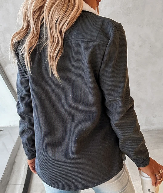 Autumn and Winter Fashion Polo Collar Contrasting Colors Cardigan Jacket Checkered Patchwork Corduroy Contrasting Cotton Jacket