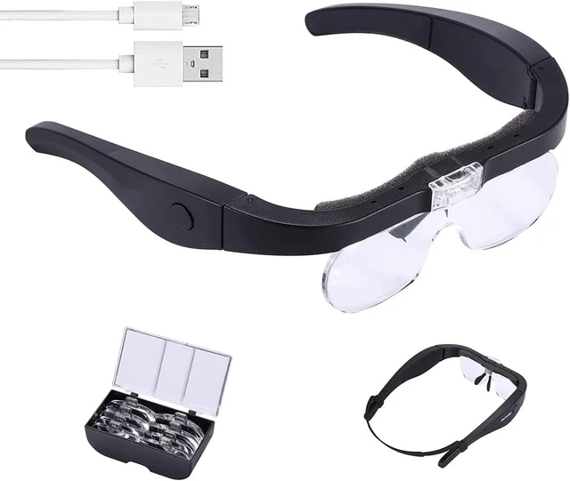 Rechargeable Magnifying Glasses, Head Magnifier Glasses with 2 LED Lights  and Detachable Lenses 1.5X, 2.5