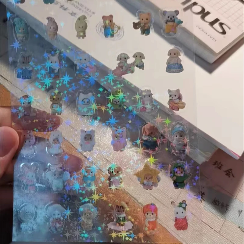 6pcs/set Cute Cartoon Laser Glitter Scrapbook Sticker DIY Decro Sweet Anime Animal Journaling Sticker Kawaii Stationery Sticker