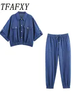 2025 Summer Casual Women Suit Denim Single Breasted Short Sleeve Shirt Elastic Waist Pants Fashion 2-piece Sets