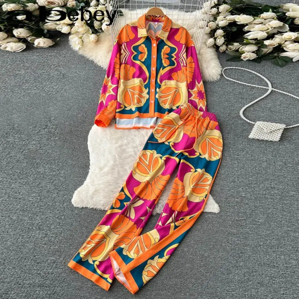 

Women Printed Suit Vibrant Ethnic Style Women's Shirt Pants Suit Wide Leg Exaggerated Pockets High Elastic Waist Casual Youth