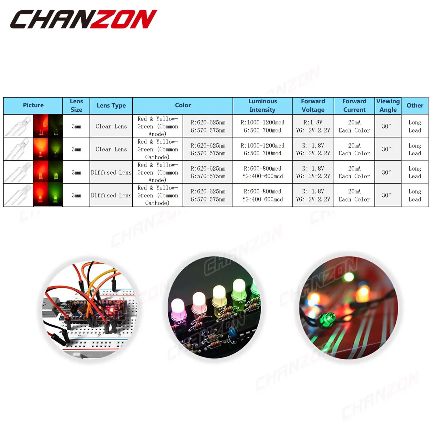 100 Stück 3 mm zweifarbige rote gelb-grüne LED-Diode, DIP-Leuchtlampe, gemeinsame Anode, Kathode, klare diffuse Linse, elektronisch – Detail 3