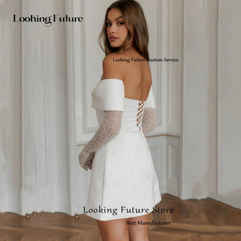 Simple A-Line Mini Wedding Dresses Elegant Long Sleeves Pleat Pearls Strapless Sexy Backless with Lace Up Short Gowns Customized 14 S5ff67bc21f8042888f7fe69c0a354599b