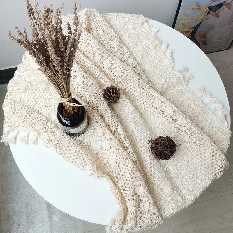 

Crocheted Tablecloth Cotton Beige Lace Rectangle Table Cloth With Fringe Wedding Decoration