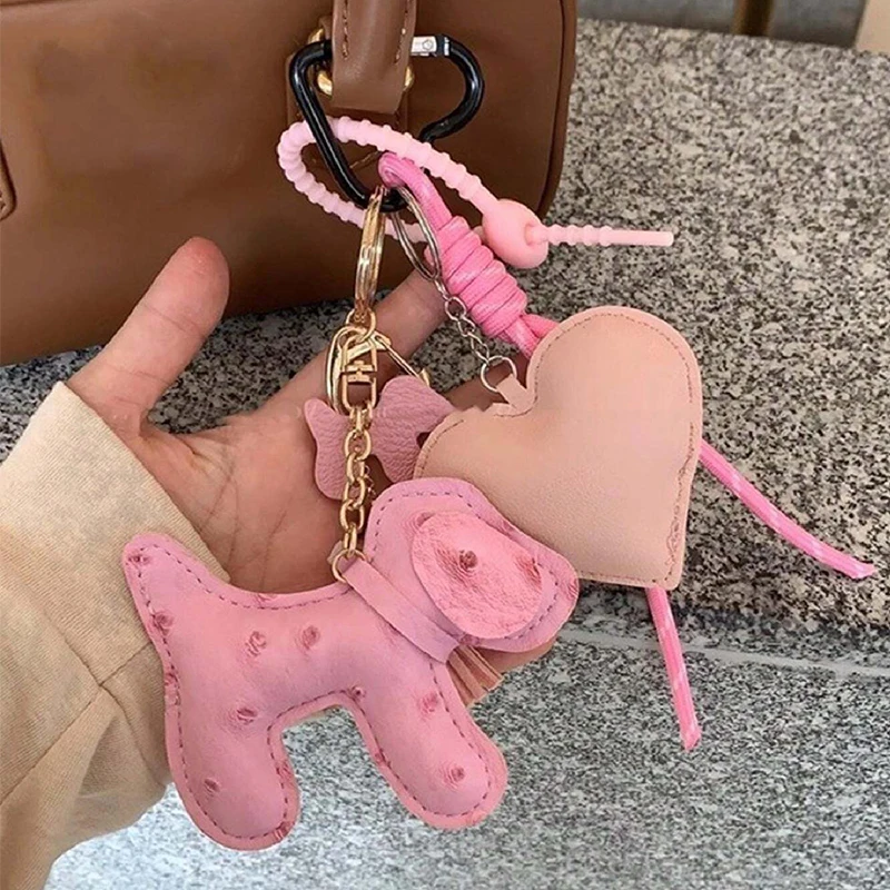 PU Leather Dog Heart Keychain Lovely Car Keyring Carrying on Money Pocket Bag Pendant Animal Fashion Accessories