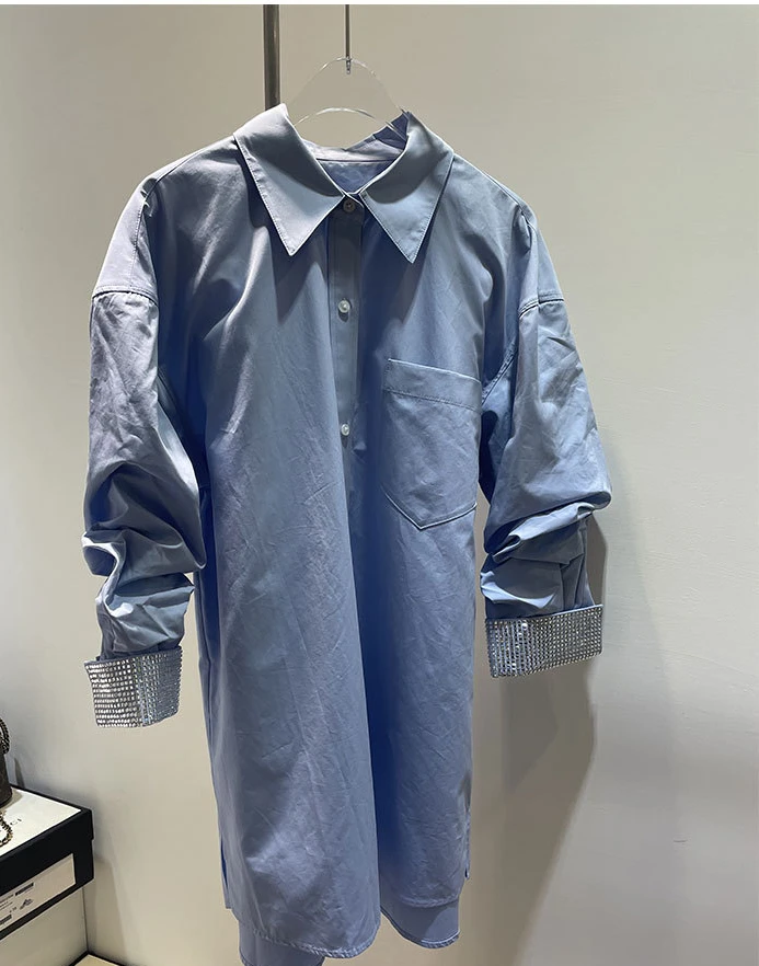 

Fashion Classic Trendy luxury design Spring / Summer 22 New Style Cuff Hot Drill Textured Shirt Dress