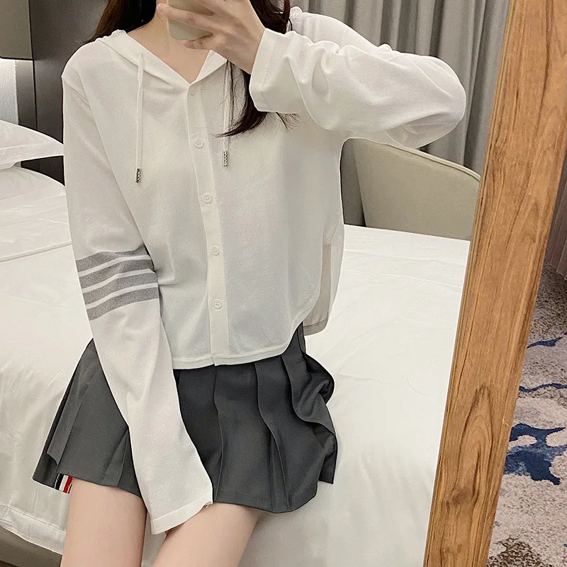 

High Quality Korean Style TB Hooded Sunscreen Cardigan Four Bar Short Ice Silk Top Knitted Casual Stripes Long Sleeve Fashion