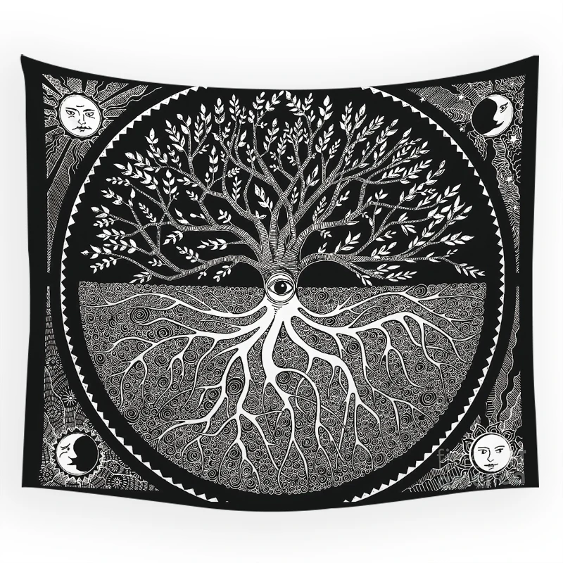 

Tapestry Tree of Life Mysterious Forest Sun Moon Hanging Cloth White Black Psychedelic Divination Wall Rugs Bedroom Home Decor