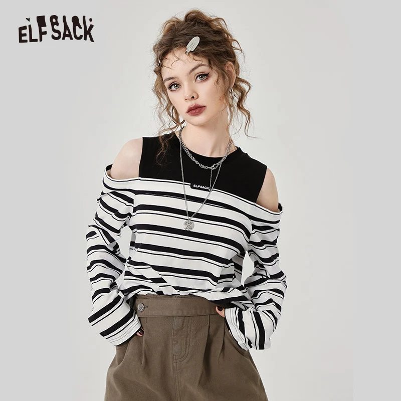

ELFSACK Fake Two Pieces Striped T-shirts Women 2023 Spring Loose Long Sleeve Casual Tops