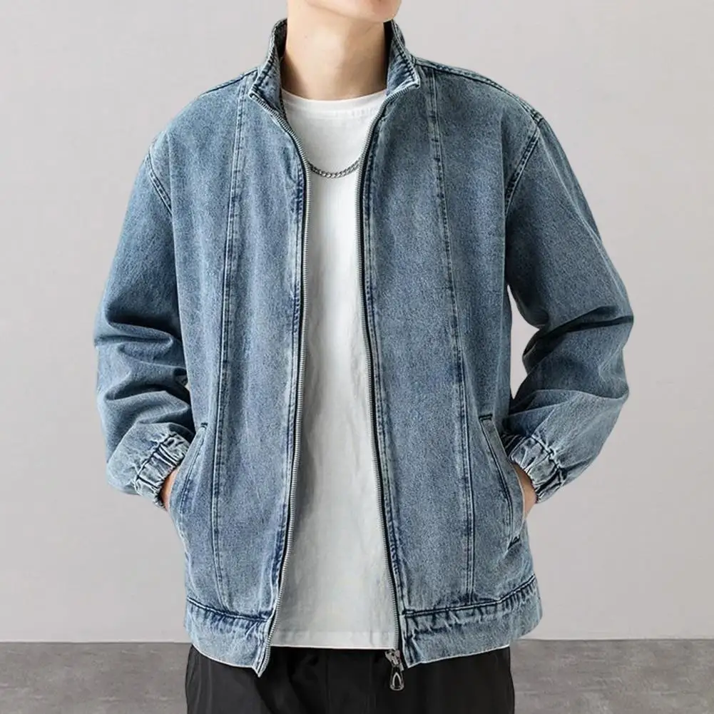 Casual Men Clothing Versatile Men's Denim Jacket Lapel Long Sleeve Coat with Pockets Zipper Placket Loose Fit Solid Color