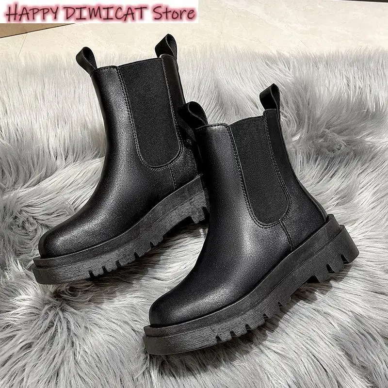 Women Winter Shoes PU Leather Chelsea Boots Chunky Boots Plush Ankle Boots Black Female Autumn Fashion Platform Booties