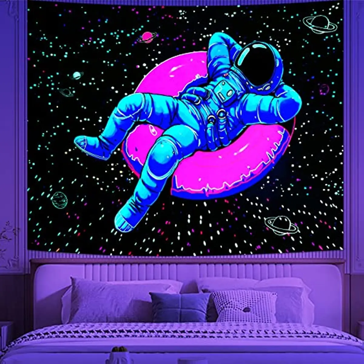 Astronauta Arazzo Trippy Space Tapestry For Room Ragazzi Uv Reactive Funny Stars Galaxy Life Buoy Wall Hanging