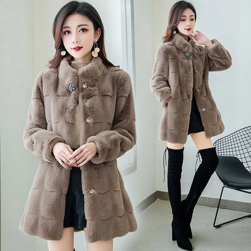 Imitation Mink Women's Standing Neck Coat Medium Long Korean Version Winter Warmth Thickened Long Sleeve Fashion Slim Fit Mink