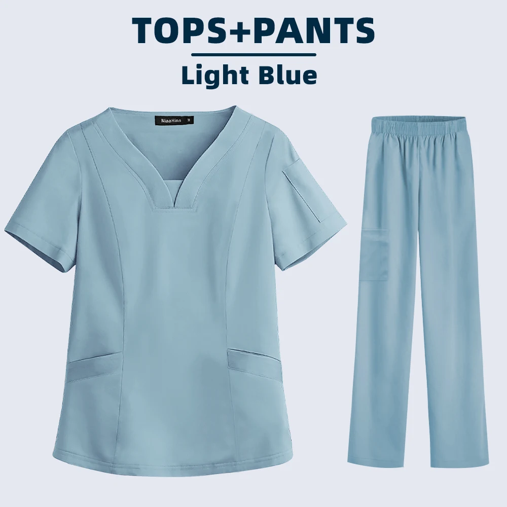 Solid Color Unisex Surgical Gown Pocket V-neck Scrubs Set for Women Joggers Scrub Suit Hospital Uniform Nurse Workwear