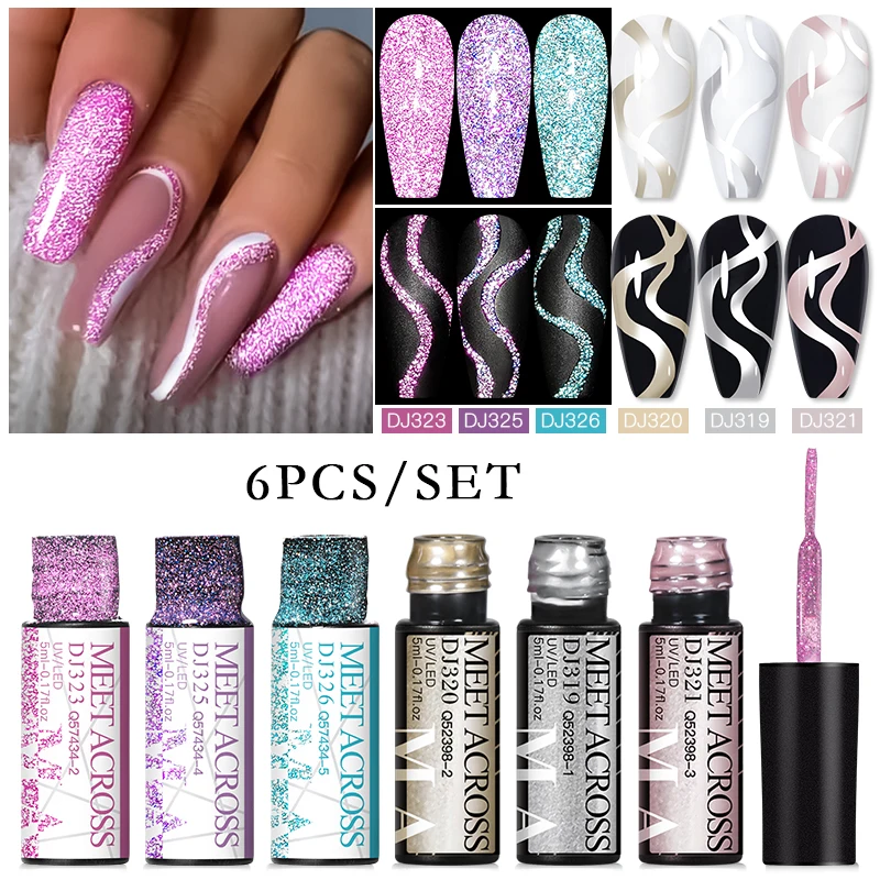 MEET ACROSS 6Pcs/Set Reflective Glitter Line Gel Nail Polish Metallic Mirror Nail Art Liner UV Gel DIY Painting Drawing Varnish 6