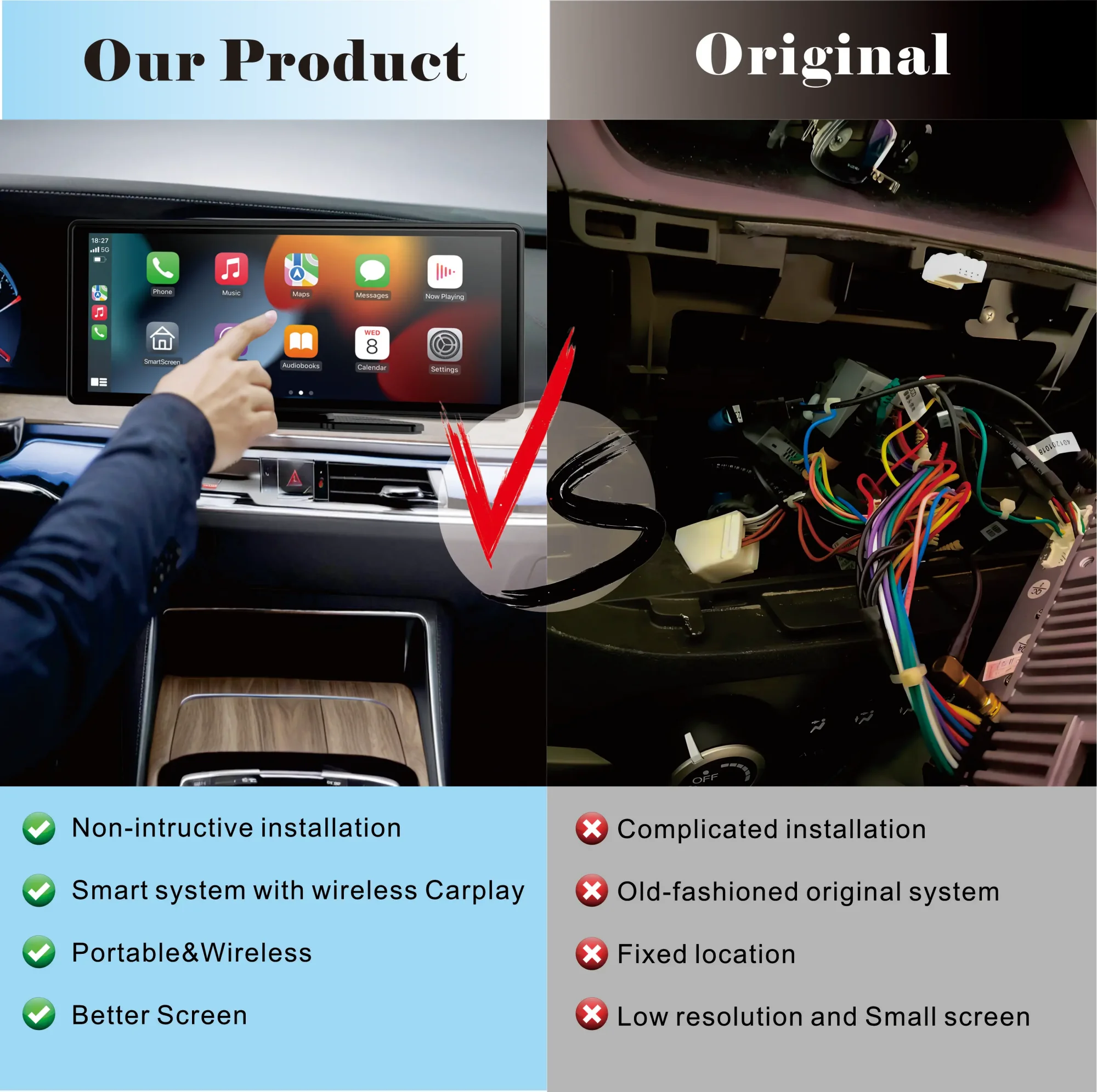 Wireless CarPlay Universal CarPlay & Android Auto Wireless Display Portable Touchscreen Car Stereo for All Vehicles (Cars, Trucks, SUVs, RVs)
