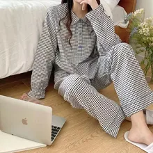 

New Spring Autumn Woman Pajamas 2 Pieces /Sets Sleepwear Plaid Print Kawaii Home Suit Korean Loungewear