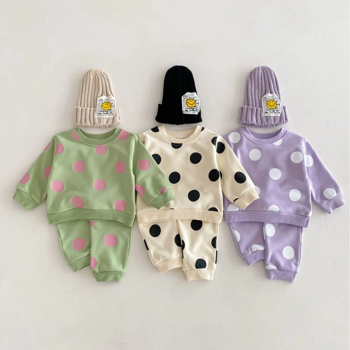 

Korean Childrens Infant Girl Clothes 2024 Spring New Cute Polka Dot Hoodie Sweatpants Set Baby Girls Casual Sports Two-piece Set