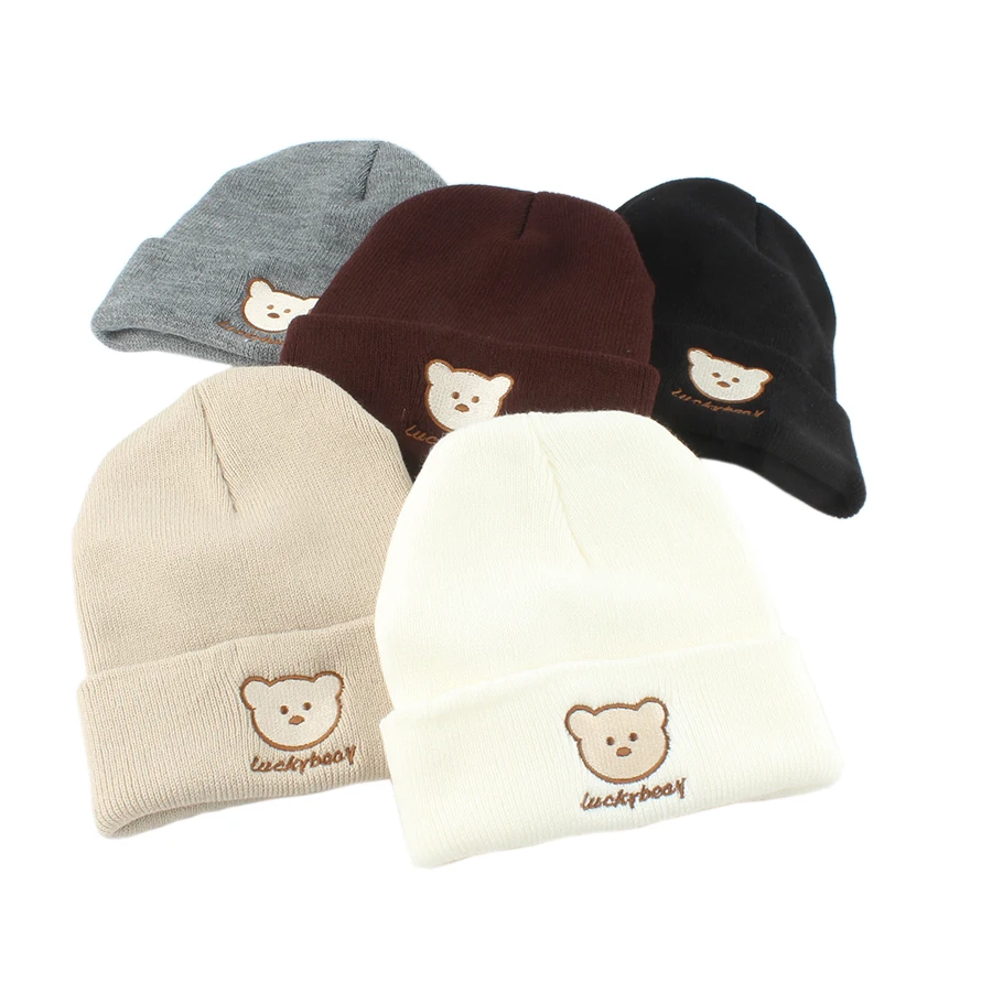 

Lucky Bear Embroidery Warm Knitted Beanie Hats For Kids Autumn Winter Cartoon Cute Baby Hat Children Street Dance Hip Hop Cap