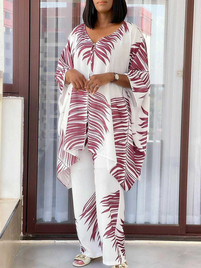 

Комплект из двух предметов с принтом, свободные рубашки с рукавами «летучая мышь», широкие брюки на пуговицах, повседневные Модные африканские женские костюмы, летние цветочные