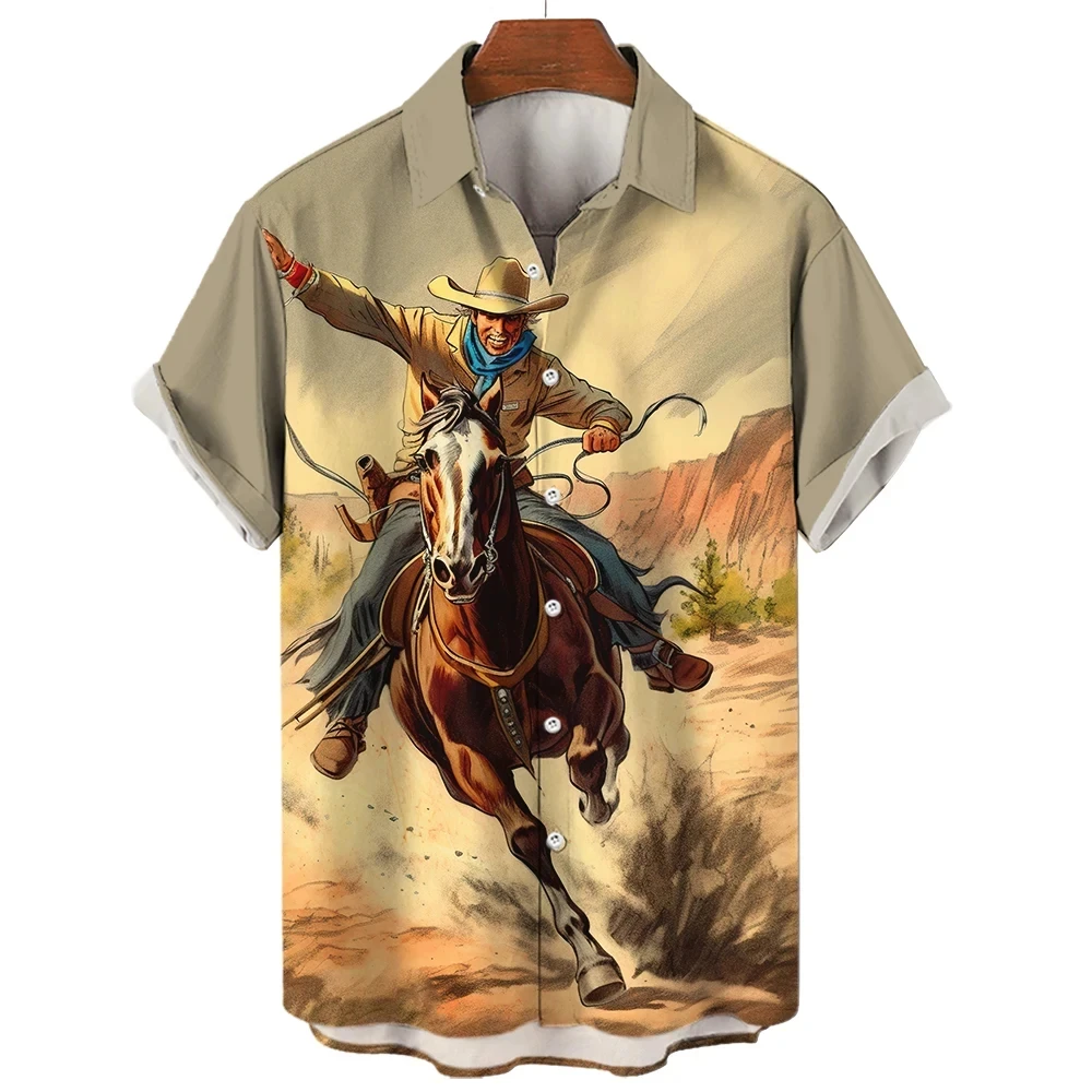 thumbnail image 1 of Camisa retro de vaquero occidental con estampado 3D para hombre, manga corta, solapa, botones clásicos, moda urbana, ropa de verano, extra grande, 1 of 4