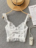 ssTss French Elegant See Through Mesh Lace Tank Top for Women Summer Sexy Black White V Neck Strap Slim Fit Vest Bras Tops - Image 3