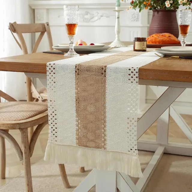 Boho Farmhouse Linen Table Runner–Rustic Macrame with Tassels, Burlap & Cotton Blend for Home Decor and Holiday Events 1