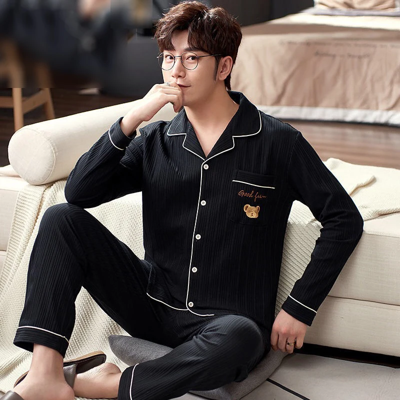 Pajama Sets Cotton Plus Size Men Pyjamas 2PCS/Set Long-Sleeved Cardigan Homewear Black Striped Plaid Sleepwear