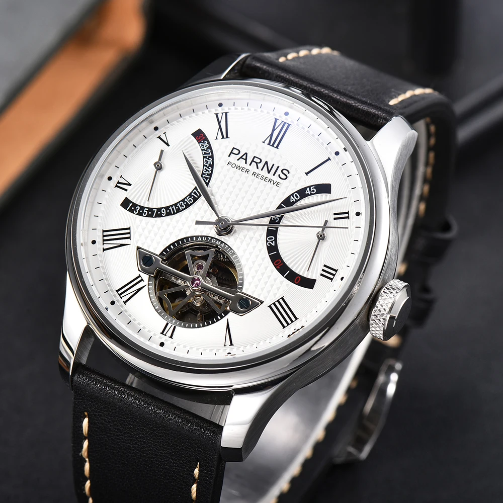 

New Arrival Parnis 43mm White Dial Power Reserve ST 2505 Automatic Men Watches Leather Strap Top Luxury Brand With Box Gift 2023