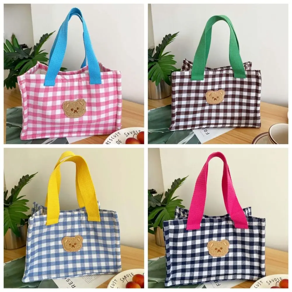Cartoon Plaid Bear Lunch Bag Lightweight Handheld Bag Korean Style Handbag Fashion Design Large Capacity Small Tote