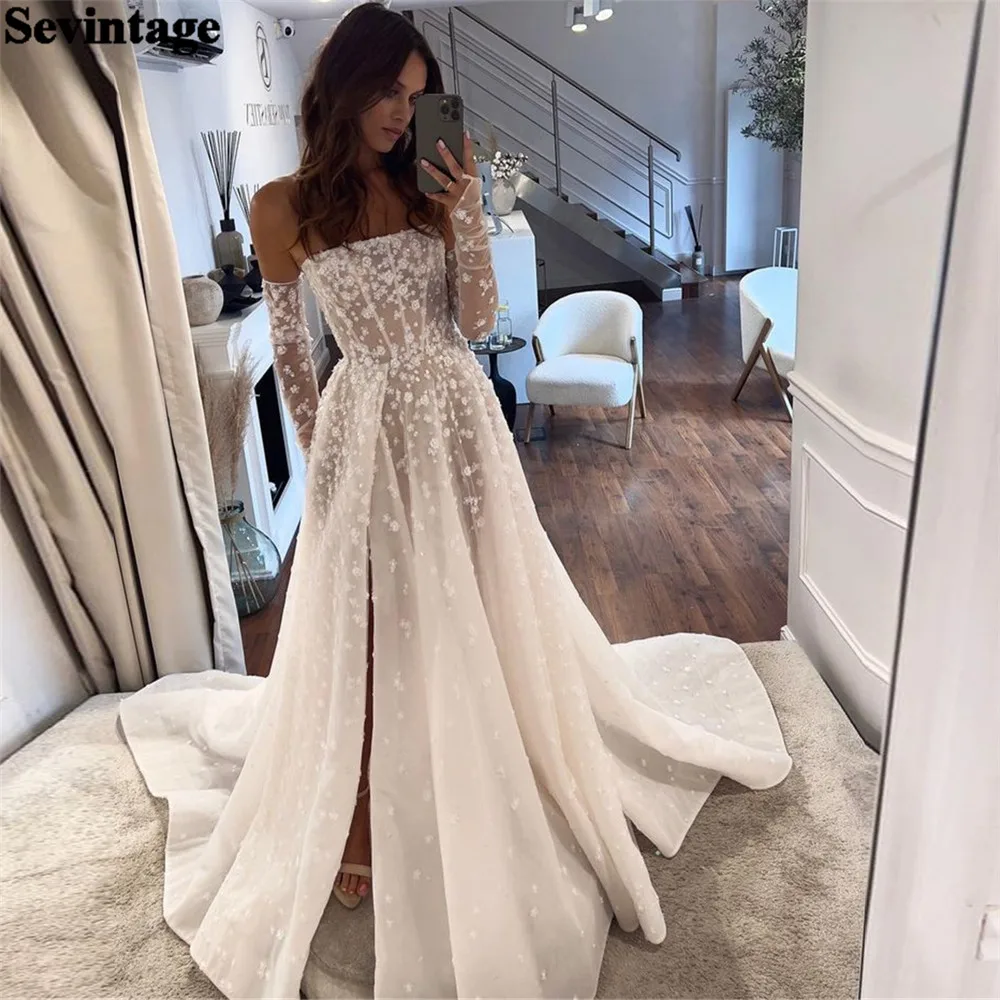 

Sevintage Boho A-Line Elegant Lace Wedding Dresses For Women Strapless Side Slit vestidos de fiesta elegantes para mujer 2024