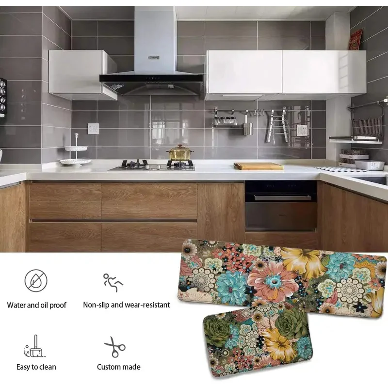 VIKAMA Kitchen Floor Mat Oil Resistant Wipeable Washable Waterproof Mat American Floral Carpet Home Decoration 1/2PC