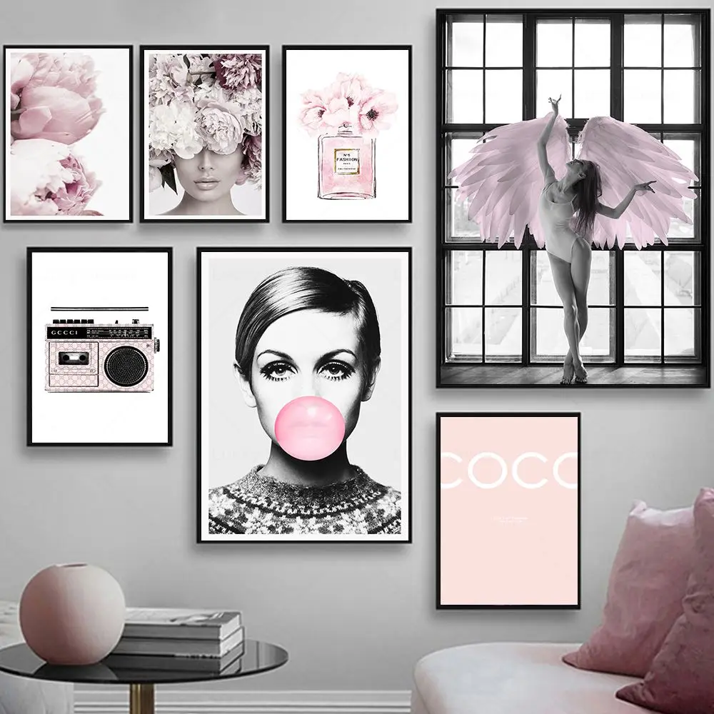 Vintage Flowers Pink Wall Art Canvas Painting Feather Lover Poster Fashion Nordic Pictures Print Girl Bedroom Living Room Decor