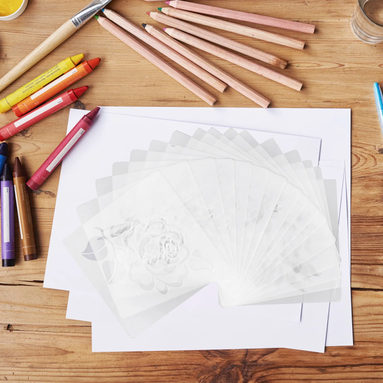 16Pcs 손으로 그린 ??꽃 스텐실 DIY 식물 꽃 그림 세트 공예 장식을위한 내구성있는 애완 동물 재료 스텐실