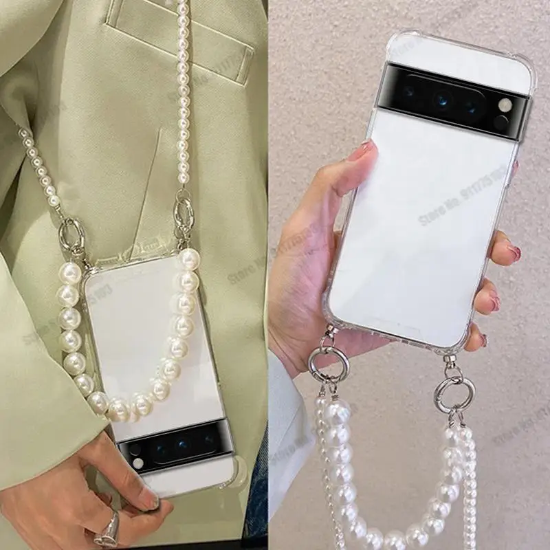 HD Transparent Wrist Strap Crossbody Lanyard Cover with Pearl Bracelet Soft Case