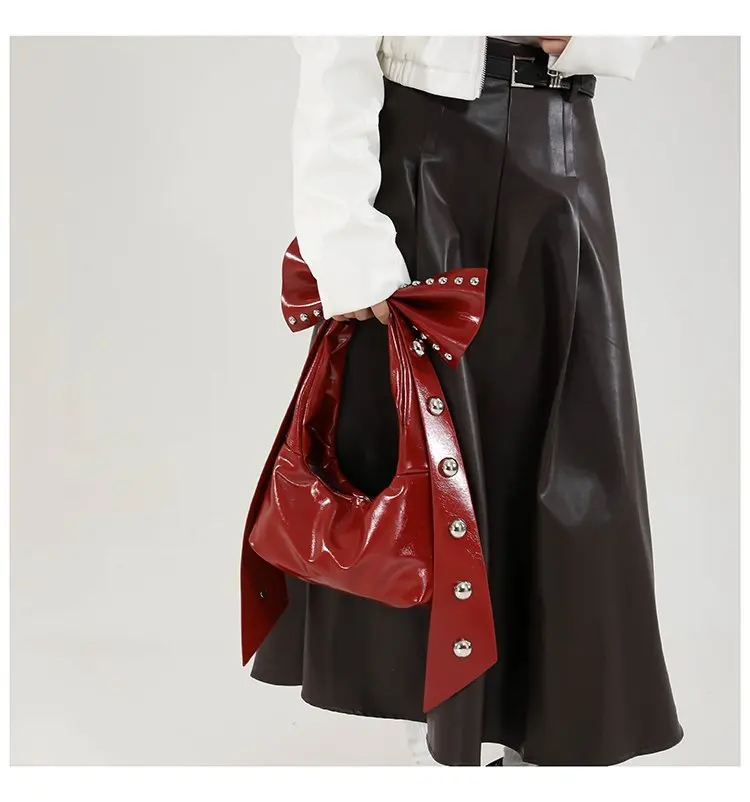 JIAERDI Fairy Core Aesthetic Pink Bow Shoulder Bags For Women Versatile Rivet Pu Leather Y2k Handbag Hot Girls Underarm Bag 2025