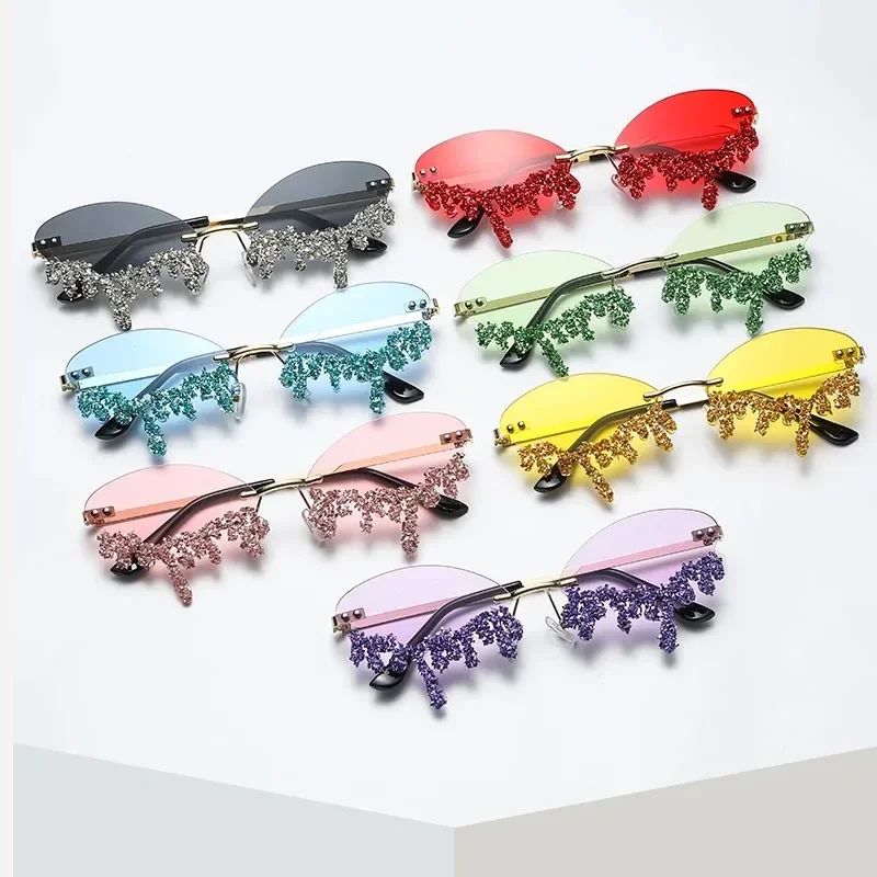 Diamant Randlose Sonnenbrille Damen Luxusmarke Strass Sonnenbrillen Sexy Tränenform Punk Party Eyewear Gafas De Sol