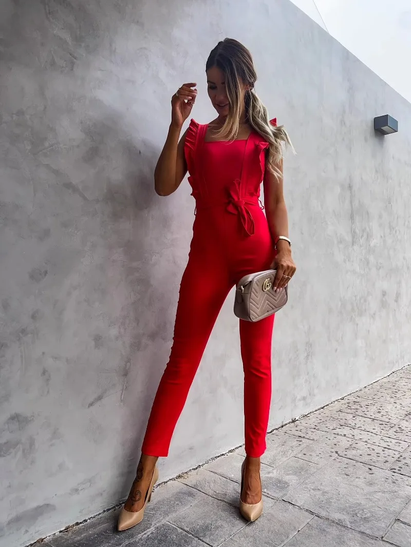 Women's clothing fashion trend  comfortable square neck top with a slim fit elastic and trendy color jumpsuit for commuting