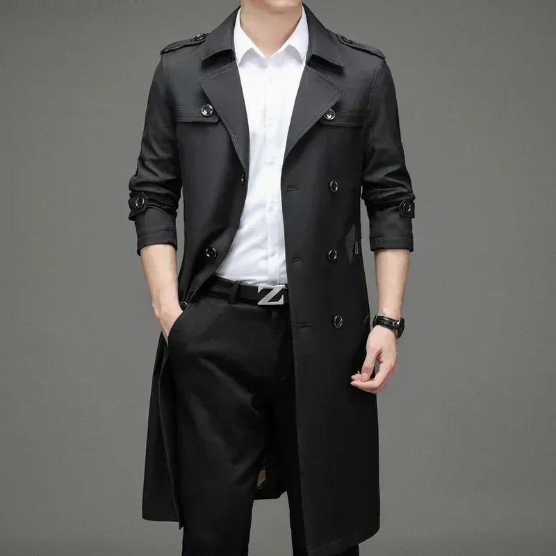 Long Man Trench Coat Autumn High End Business British Party Windbreaker Jacket Trend Versatile Suit Collar Male Top Streetwear