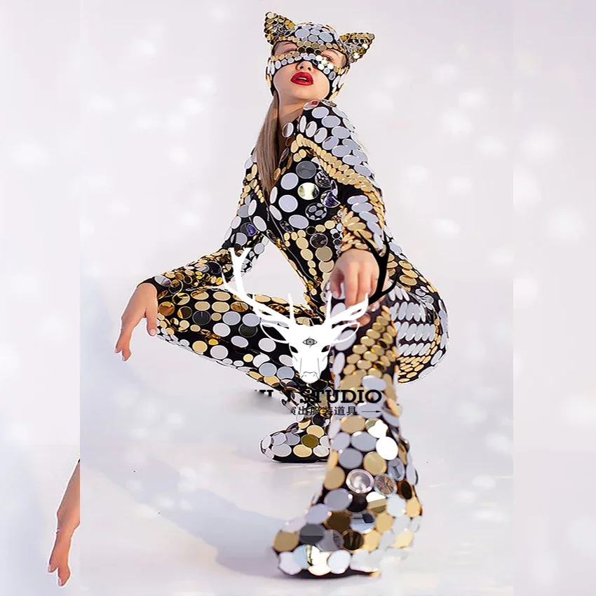 

Gogo, кошка, девочка, зеркальный костюм, коммерческое представление, сцена, женская одежда, костюм для выступления в баре