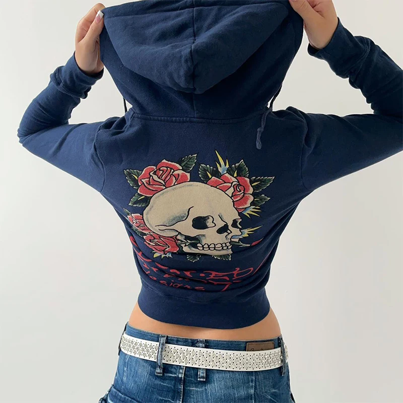 

Y2K Zip up Hoodie Grunge Goth Skull Harajuku Graphic Print Jacket Sweatshirt Street Hip Hop Zipper Hooded Punk Casual Loose Top
