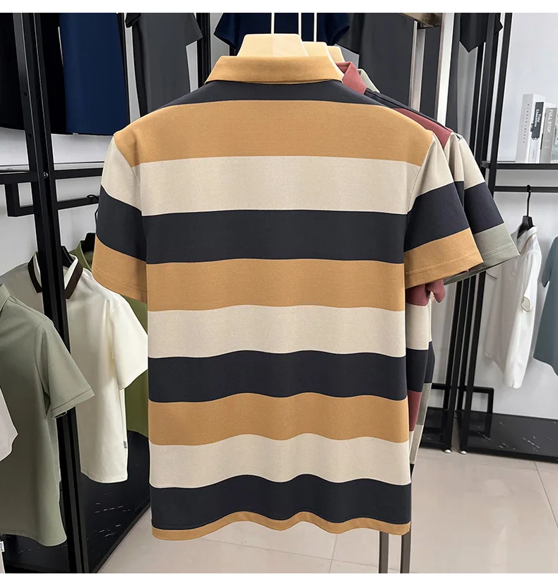 High end fashion men short sleeve polo shirt summer trend stripe men's wear middle-age business casual breathable lapel T-shirt 18 S5ff8a26aa4b54b358298c5f9e90bda8de