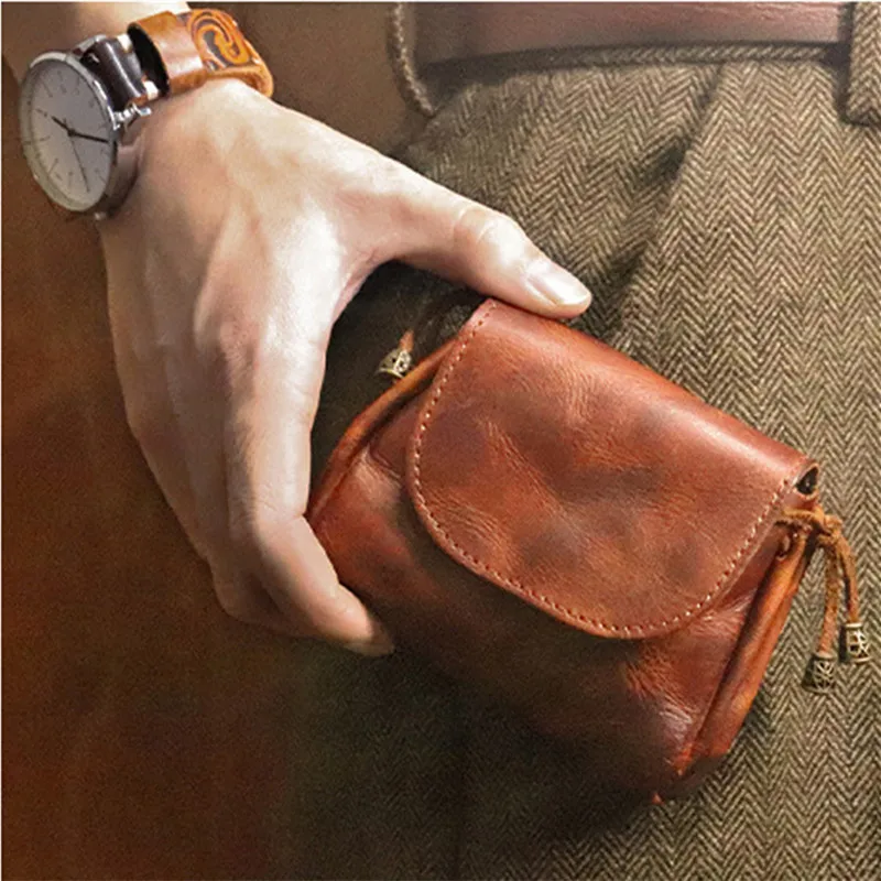 

LEACOOL Vintage Genuine Leather Men Wallet Short Zipper Card Holder Purse Card Case Pouch Women Earphone Storage Bag