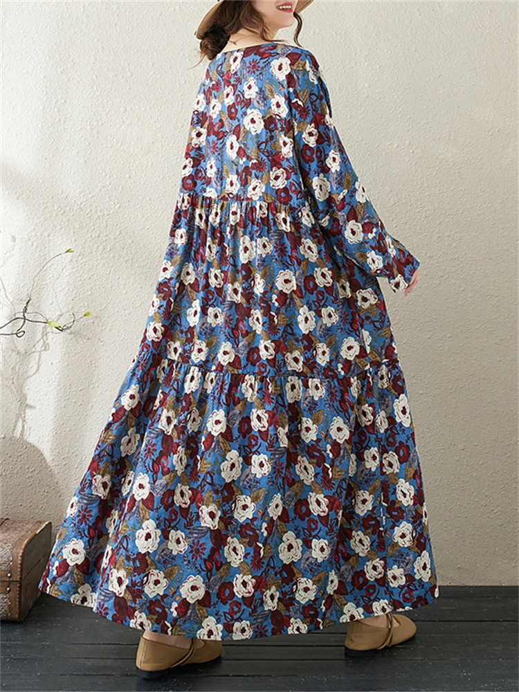 2025 Spring Autumn Cotton Vintage Long Sleeve Print Dresses For Women Casual Loose Dress Office Lady Vestidos Elegant Clothing