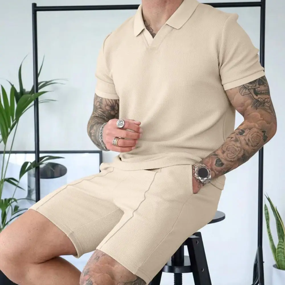 

Men Sportswear Men's Casual Summer Outfit Set with V-neck T-shirt Wide Leg Shorts Streetwear Fashion for Men Elastic Waistband