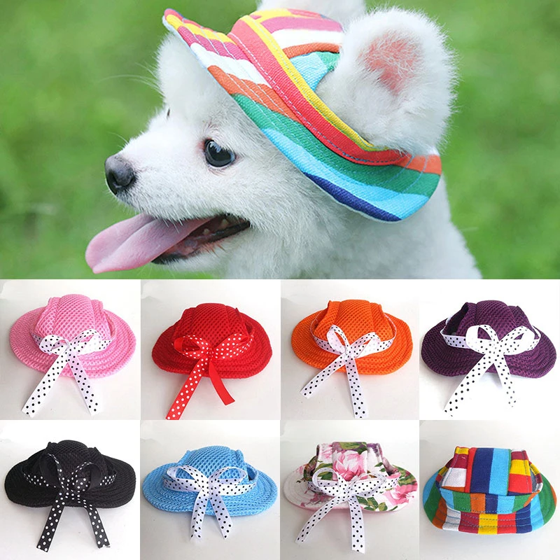 

Sun Round Hat Pet Princess Cap Dog Outdoor Accessories Flower Strip Bow Cute Breathable Adjustable Mesh Cloth Cute Pet Supplies