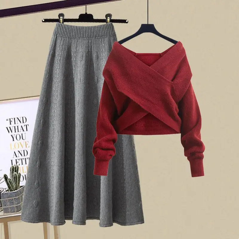 Autumn and Winter Women's Set 2024 New Lazy Knitted V-neck Sweater Slimming Half Skirt Two Piece Set Trendy 4