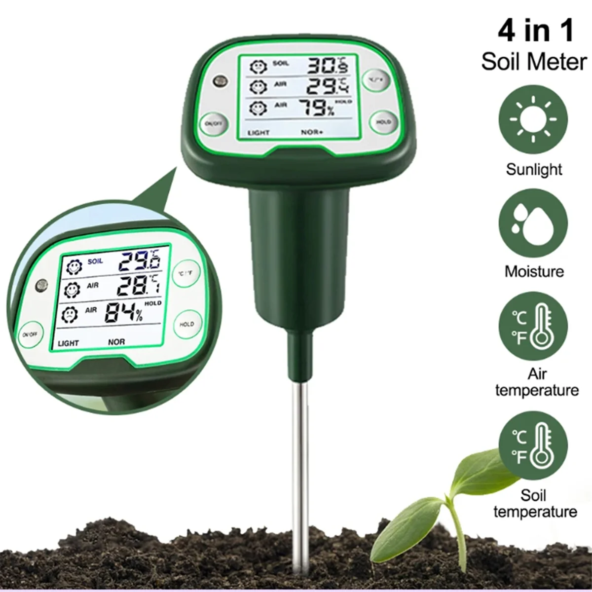 

Digital Soil Tester Sunlight Air Moisture Temp Meter Sensor Screen LCD Backlight Hygrometer For Flowers Planting