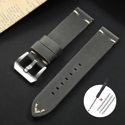 Vintage Genuine Leather Cowhide Watch Band - Soft Stitching Crazy Horse Calfskin Bracelet - 22mm (Grey)