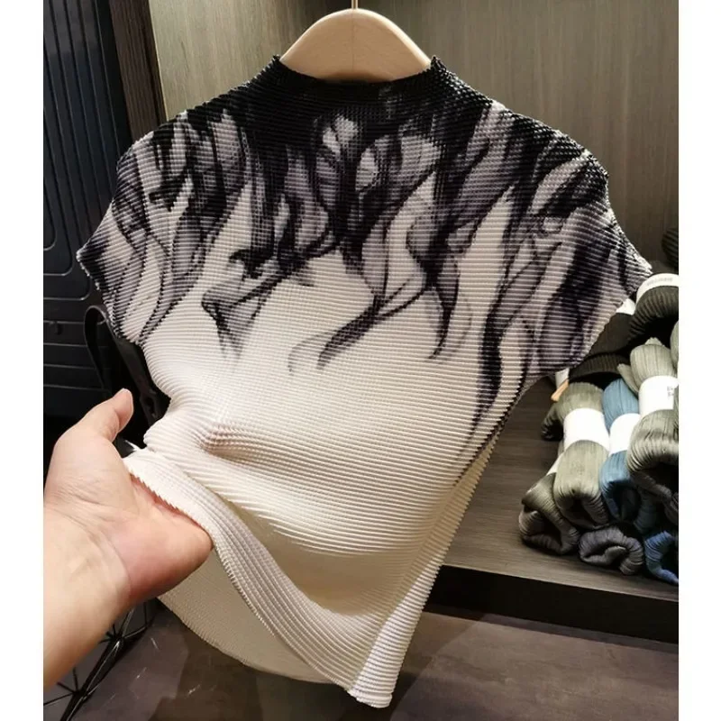 

Креативная плиссированная Футболка с принтом кукурузной структуры, Женский универсальный топ с воротником-стойкой и коротким рукавом, женская летняя футболка